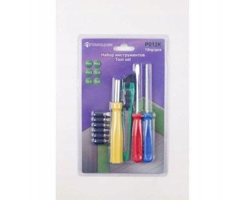 10el. Bity: PH1,2,3, SL 4,5,6mm, uchwyt bitów 120mm, wkrętaki: PH1x75mm, SL 4x72mm, nóż łamany)