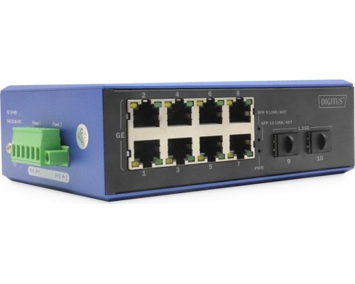Switch Digitus DIGITUS Industrial 8+2 -Port Gigabit Ethernet PoE Switch 8 Port GE PoE RJ45 2 GE SFP Port