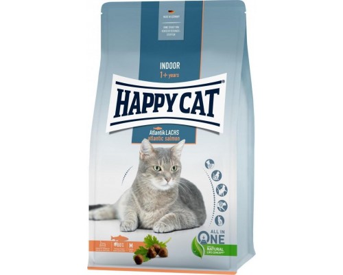 Happy Cat Indoor Atlantic Salmon, sucha karma, dla adults kotów niewychodzących, łosoś atlantycki, 1,3 kg, worek