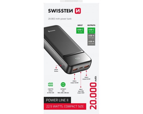 SWISSTEN, Powerbank, POWER LINE II, Li-Pol, 5/9/12V, do �adowania telefon�w i innych urz�dze�, 22013947, 20000mAh, czarna
