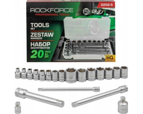 Rockforce  3/8" 20el. z nasadkami (6-22mm), adapterami i przedłużkami