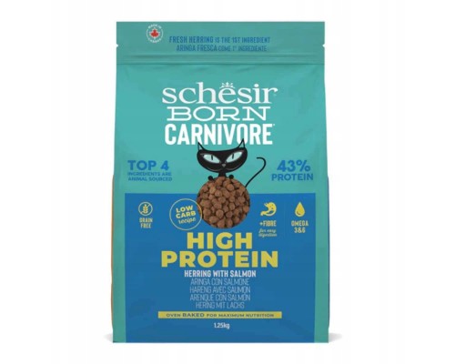 Schesir Born Carnivore sucha karma dla adults kotów, śledź i łosoś, 1,25 g, worek